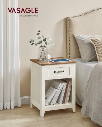 VASAGLE Farmhouse Nightstand with Charging Station, 1 Drawer | Bedside Table, Side Table with Open Compartment, for Bedroom, Rustic White and Honey Brown, LIRY Collection ULET659K41 - color: Rustic White + Honey Brown, size: 1 PACK, style: 17.7"W x 23.6"H