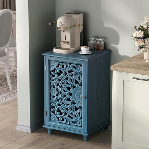 Jiansu furni Boho Small Buffet Cabinet with Hand-Carved Mandala Door, 17" Coffee Bar Station with Adjustable Shelf, Distressed Blue Accent Storage Cabinet for Small Spaces, Kitchen, Dining Room - color: Blue_1 Door