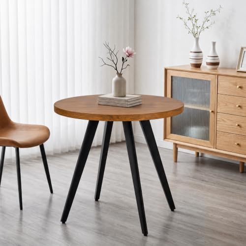Round Dining Table for 2, 31.5" Small Kitchen Circle Table Space-Saving | Brown Mid-Century Modern with 1.4" thick Walnut-grain Top, Kitchens, Dining Rooms, Apartments, Breakfast Nooks - color: Brown