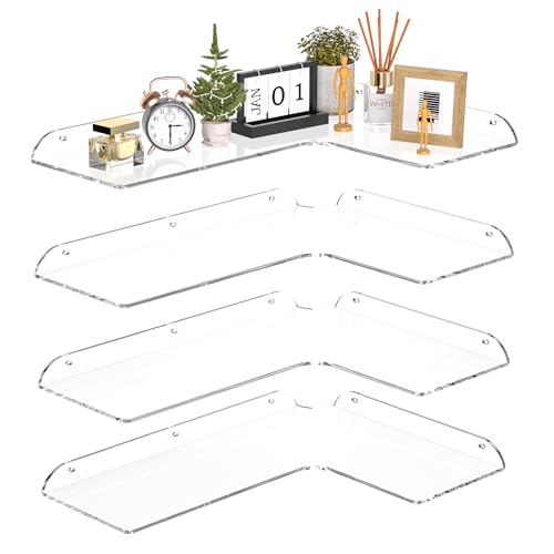 Sezanrpt 11.4x16 Inch Acrylic Corner Floating Shelf Set of 4, Clear Corner Wall Shelf for Home Décor, Speakers, Security Cameras, Toileries, Plants, Figures, Cosmetics, Books - color: Clear, size: 11.4x16 Inch
