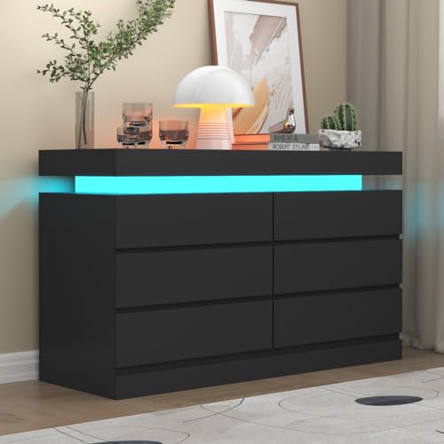 Gyfimoie 6 Drawer Dresser with Power Outlet, Dresser with LED Light | Modern Chest of Drawers for Closet, Wide Drawer Organizer Cabinet for Bedroom,Living Room - color: Black, size: 15.7"D x 47.2"W x 32.3"H (6 Drawers)