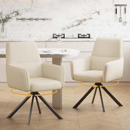 Modern Swivel Dining Chairs Set of 2, Upholstered Dining Room Chairs with Thicken Cushion, 360°Swivel Dining Chairs with Metal Legs for Dining Room, Kitchen, Bedroom, Chenille, Beige - color: Beige, size: Set of 2