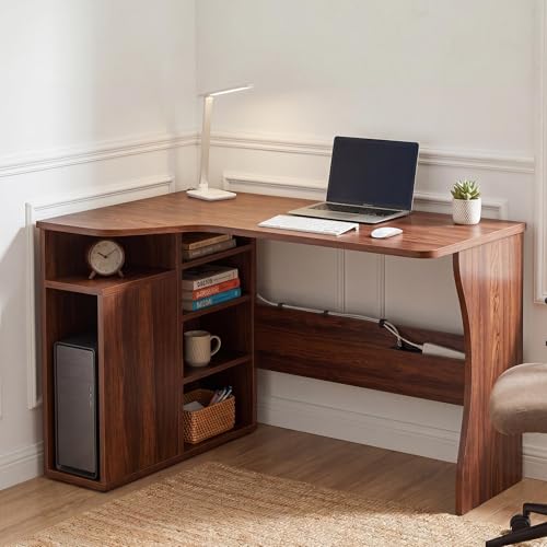 Garvee L Shaped Desk with Storage Shelves, Small Corner Desk for Small Spaces, Corner Table with 3 Tier Shelves, Home Office, Writing Study Gaming Desk, Walnut Wood
