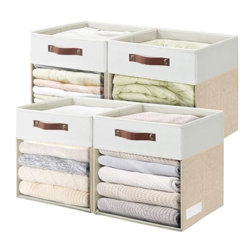 Storage Cubes, 4 Pack Linen Foldable Storage Bins (13 x 13 inch) with Clear Window and Handles, Fabric Organizer for Shelf Closet, Clothes, Books - (Beige and White) - color: Beige / Off-White, size: 13 x 13 x 13