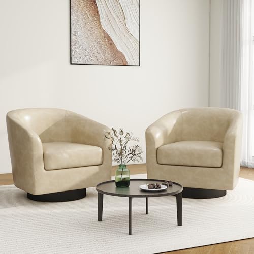 Swivel Barrel Accent Chair, Comfy Reading Armchair, Cream, Set of 2 | Club Chairs for Adults, Low-Back Design, Modern Round Style, Solid Wood Frame & Metal Swivel Base, For Living Room & Bedroom - color: Cream