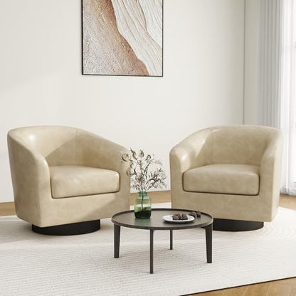 Swivel Barrel Accent Chair, Comfy Reading Armchair, Cream, Set of 2 | Club Chairs for Adults, Low-Back Design, Modern Round Style, Solid Wood Frame & Metal Swivel Base, For Living Room & Bedroom - color: Cream
