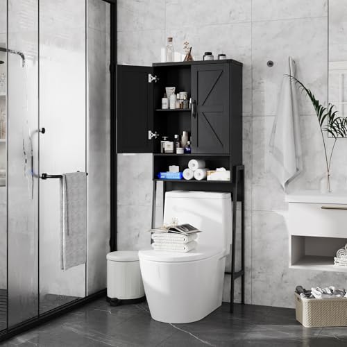 Vabches Over The Toilet Storage Cabinet with 2-Door Design Bathroom Organizers and Storage with Anti-Tip Device Over Toilet Organizer with Shelves for Bathroom,Restroom,Laundry Black - color: Black