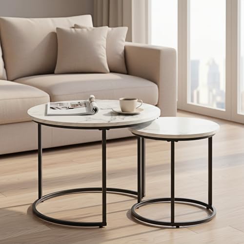 Round Nesting Coffee Table Set of 2, Stacking Minimalist End Table | Modern Marble Pattern Wooden Nesting Tables for Living Room Bedroom Small Space, White Top and Black Leg - color: White & Black