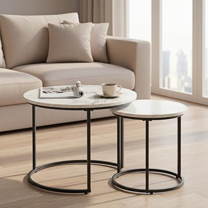 Round Nesting Coffee Table Set of 2, Stacking Minimalist End Table | Modern Marble Pattern Wooden Nesting Tables for Living Room Bedroom Small Space, White Top and Black Leg - color: White & Black