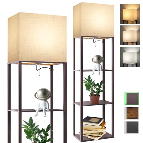 Plus - Floor Lamp with Shelves, Wide Shelf Lamp, Shelf Floor Lamp with 15W LED Bulb, 3 Colors Temperature, Memory Function, Large Display Storage, Standing Lamps for Living Room, Bedroom, Wood - color: Plus- Walnut