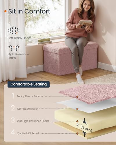 SONGMICS Medium Folding Storage Ottoman Bench, 15 x 30 x 15 Inches | Foot Rest Stool, Load up to 660 lb, Jelly Pink, MINOTA Collection ULSF096R01 - color: Jelly Pink, size: 15"D x 30"W x 15"H, style: Rectangle