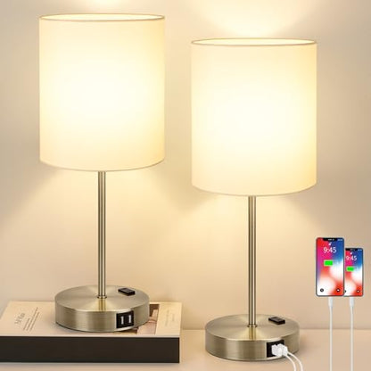 Lynnoland Set of 2 Touch Control Table Lamps with 2 USB & AC Outlet, 3-Way Dimmable Bedside Nightstand Lamps for Bedroom Living Room Nursery, 800 Lumens 3000K Warmlight Bulbs Included - color: (2 Pack)White & Brass(Base)-3000K Bulbs Included