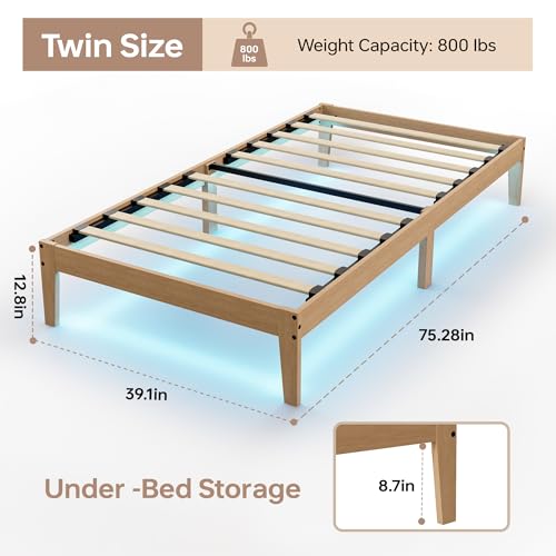 Twin Size Wood Bed Frame with LED Lights, 12 Inch Solid Wood Platform Bed | Natural Finish Platform Bed with 8.7-Inch Under Bed Space, Wooden Slats Support, No Box Spring, Noise Free & Easy Assembly - size: Twin