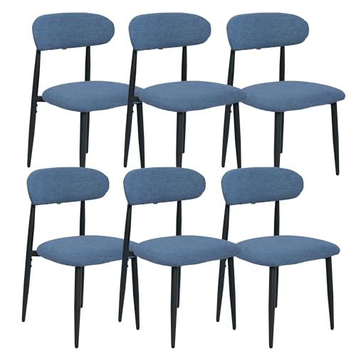 FREKEN Modern Upholstered Dining Chairs Set of 6, Mid-Century Metal Frame Linen Fabric Side Chair for Kitchen Dining Room, 350lbs Capacity, Blue - color: Blue - Black Legs, size: Set of 6
