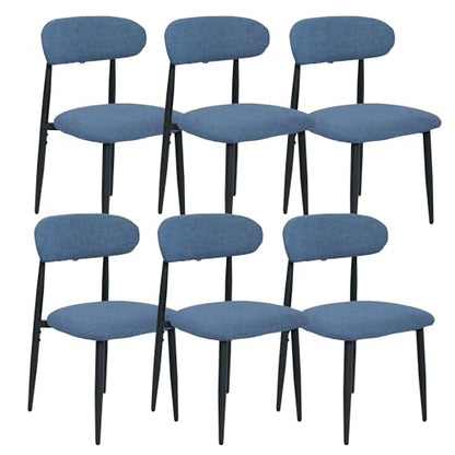 FREKEN Modern Upholstered Dining Chairs Set of 6, Mid-Century Metal Frame Linen Fabric Side Chair for Kitchen Dining Room, 350lbs Capacity, Blue - color: Blue - Black Legs, size: Set of 6