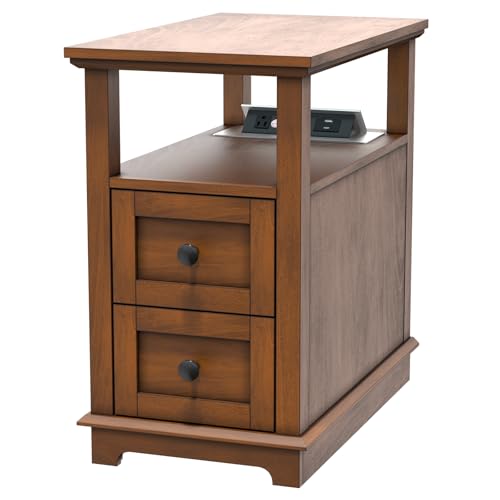 HIFYOBRO 2 Drawers End Table with Flip Top Charging Station | Type-C & USB Port & Power outlets, Wooden Nightstand, Side Table with Storage for Living Room and Bedroom - color: Glossy Brown, size: 1 Piece