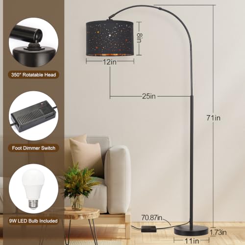 Dimmable Floor Lamp, Arc Floor Lamp with Adjustable Star Shade, Black | Arched Tall Modern Standing Lamp, Mid Century Reading Light Pole Lamp for Living Room, Bedrooms, Office, 9W LED Bulb Included - color: Black Base with Stars Shade