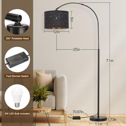 Dimmable Floor Lamp, Arc Floor Lamp with Adjustable Star Shade, Black | Arched Tall Modern Standing Lamp, Mid Century Reading Light Pole Lamp for Living Room, Bedrooms, Office, 9W LED Bulb Included - color: Black Base with Stars Shade