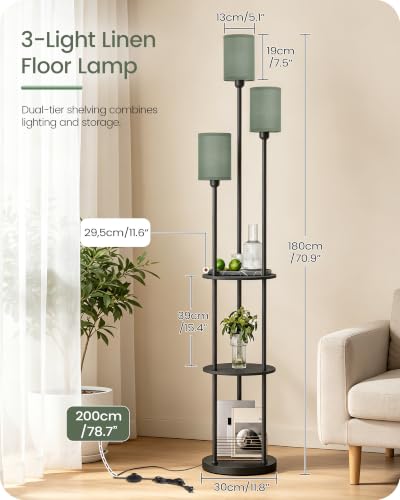 Floor Lamp with Shelves, Modern Floor Lamp with 3 Linen Shades and Foot Switch, 3-Light Standing Lamp, for Living Room, Bedroom, Study, Office, Black and Green J53LD05 - color: Black + Green