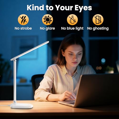 Desk Lamp with Charger, 10%-100% Stepless Dimmable & 5 Color Modes Study Lamp, Touch Control, 30-/60-minute Timer, USB Charging Output Port, CRI≥90, Eye-Caring Foldable LED Desk Lamps for Home Office - color: White-US