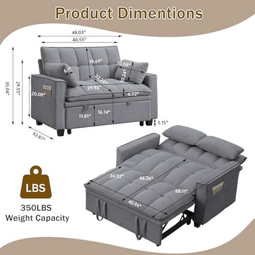 Convertible Sofa Bed, Loveseat Sleeper Sofa with Pull Out Bed and Adjustable Backrest, 3-in-1 Futon Couch for Living Room, Bedroom, Apartment, Light Grey - color: Light Grey, size: Pull Out Sofa Bed