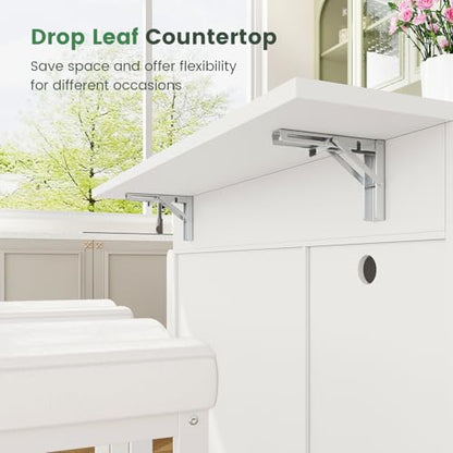 Dripex 41'' Kitchen Islands Foldable with Stainless Steel Top & Seating, Rolling Island Table for Kitchen with Drop Leaf, Bar Stool, Power Outlet, Adjustable Storage Shelves, Spice Rack, White - color: White