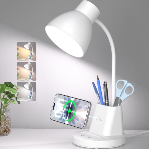 10W Wireless Charging LED Desk Lamp with Pen Holder, CRI 95, White | 800LM, 3 Modes, 360°Flexible Arm, Touch, Brightness, Table Lamp for Home Office, Dorm, Bedside, Study, Reading, with Adapter - color: White