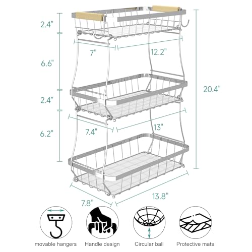 3-Tier Fruit Basket with Banana Hangers, Detachable Metal Bowl | Wooden handle, protective mats included. Versatile holder for bread, snacks, and veggies. Large 3 tier metal design. - color: Silver, size: 3 Tier
