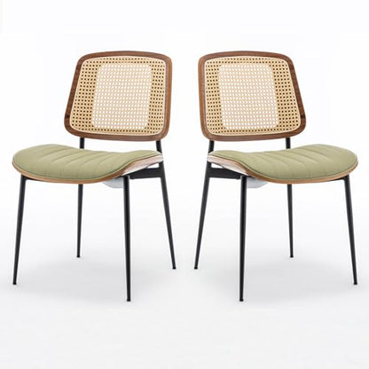 LUNLING Dining Chairs Set of 2 Mid Century Modern Retro Faux Leather Kitchen Chairs with Walnut Bentwood Upholstered Seat Metal Legs Adjustable Foot for Kitchen Dining Room Chairs(LightGreen) - color: Green2, size: Set of 2