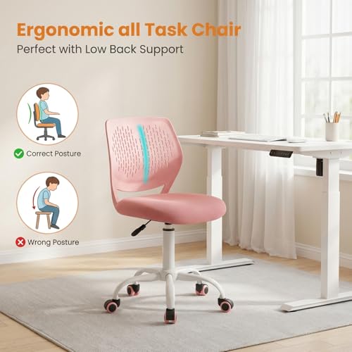 POWERSTONE Small Home Office Desk Chair, Swivel Rolling Study Computer Chair, Adjustable Height Task Chair with Armless Mid Back, Upholstered Mesh Seat, Pink - color: Pink