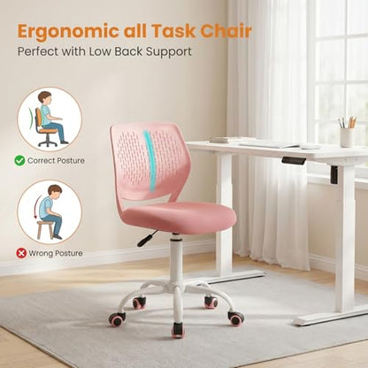 POWERSTONE Small Home Office Desk Chair, Swivel Rolling Study Computer Chair, Adjustable Height Task Chair with Armless Mid Back, Upholstered Mesh Seat, Pink - color: Pink