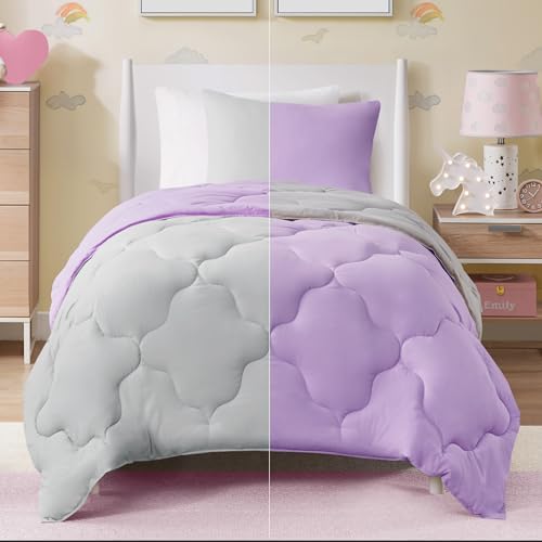 Comfort Spaces Vixie Reversible Comforter Set - Trendy Casual Geometric Quilted Cover, All Season Down Alternative Cozy Bedding, Matching Sham, Lavendar/Gray, Twin/Twin XL 2 piece | Down Alternative, All Season, Bedding for Bedroom, Geometric Pattern, Rev