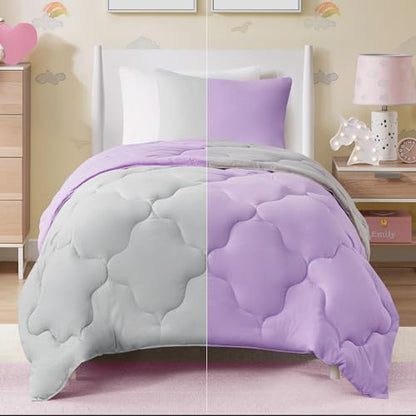 Comfort Spaces Vixie Reversible Comforter Set - Trendy Casual Geometric Quilted Cover, All Season Down Alternative Cozy Bedding, Matching Sham, Lavendar/Gray, Twin/Twin XL 2 piece | Down Alternative, All Season, Bedding for Bedroom, Geometric Pattern, Rev