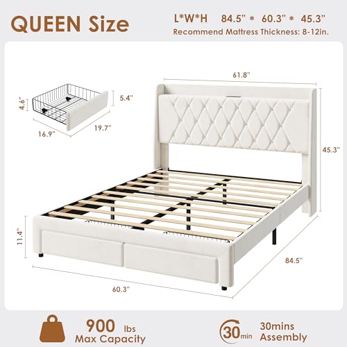 Garvee Queen Bed Frame with Storage, Velvet Upholstered Platform Bed Frame with Crystal Tufted Headboard, Charging Station, 2 Drawers, No Box Spring Needed, Noise-Free,for Bedroom, Ivory | Velvet Upholstered Platform Bed Frame with Crystal Tufted Headboar