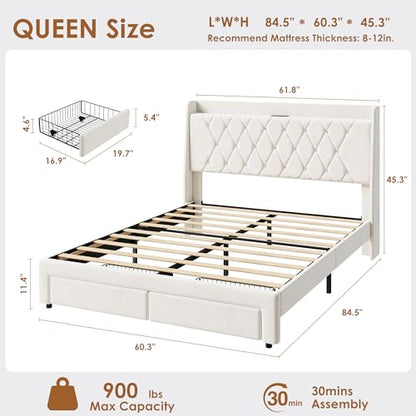 Garvee Queen Bed Frame with Storage, Velvet Upholstered Platform Bed Frame with Crystal Tufted Headboard, Charging Station, 2 Drawers, No Box Spring Needed, Noise-Free,for Bedroom, Ivory | Velvet Upholstered Platform Bed Frame with Crystal Tufted Headboar