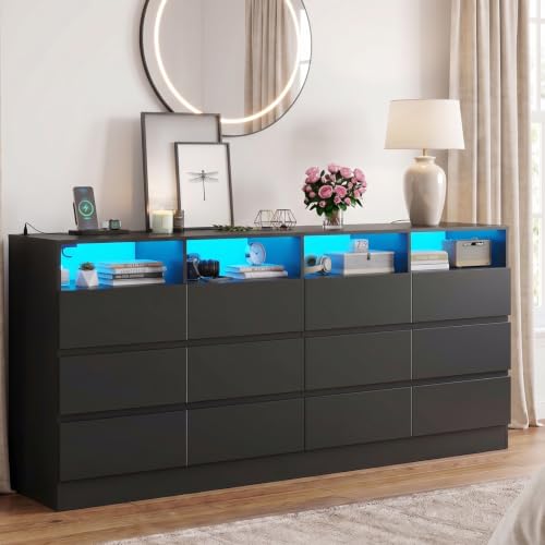 Gyfimoie 12-Compartment Divided Drawer Dresser w/Power Outlet, LED Light | Modern Dresser with 4 Open Cubbies, Spacious Chest of Drawers, and TV Stand Function for Living Room - color: Black, size: 15.8"D x 63"W x 31.5"H (12 Drawers)