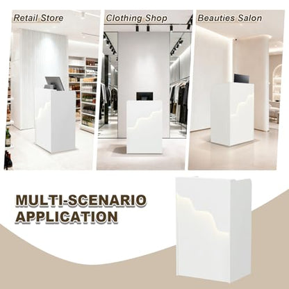 Wood Reception Desk with Counter, Front Desk with LED Light&Lockable Drawer | Small Modern Reception Table Retail Checkout for Counter for Lobby, Beauty Salon, White (37.8"L x 23.6"W x 15.7"H) ﻿ - size: 37.8x23.6x15.7in