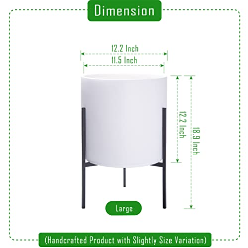D'vine Dev Cylinder Planter Pot with Metal Stand, White, 12 in, 96-T-A-3 | Durable Fiberclay Construction, Sleek Modern Design, Heavy-Duty Iron Stand, Drainage Hole & Saucer, Elegant Indoor Display - color: White, size: Large 12 Inch