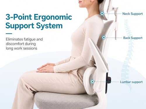 Ergonomic Office Chair with Adjustable Headrest & Lumbar Support, High Back Mesh Desk Chair, 330 LBS Capacity Swivel Computer Chair with Flip-Up Arms, Home Office Gaming Chair(Grey)