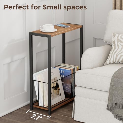 Homleke Narrow Side Table with Magazine Holder, Skinny End Table | Space-Saving Design, Small Spaces, Storage Shelf, Metal Frame, Easy Assembly, 7.1" D x 16.9" W x 23.6" H, Rustic Walnut - color: Rustic Walnut - Standard