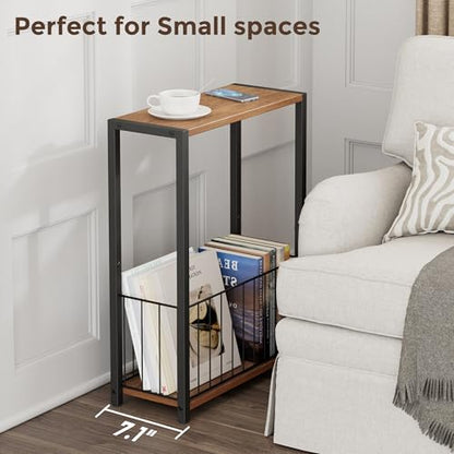 Homleke Narrow Side Table with Magazine Holder, Skinny End Table | Space-Saving Design, Small Spaces, Storage Shelf, Metal Frame, Easy Assembly, 7.1" D x 16.9" W x 23.6" H, Rustic Walnut - color: Rustic Walnut - Standard