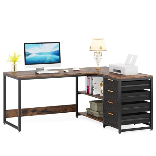 LITTLE TREE 59-Inch L Shaped Desk with Drawers, Large Computer Desk with Storage Shelves, Reversible L-Shaped Corner Desk Workstation for Home Office - color: Brown
