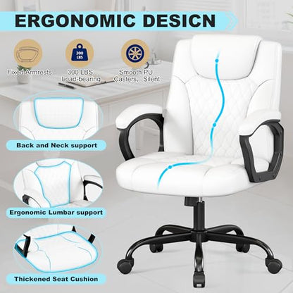 Misolant Office Chair, Executive Desk Chair, PU Leather Comfortable Ergonomic Chairs with Fixed Armrest, Adjustable Height, Rocking Function, 360° Swivel Wheels, White - color: White