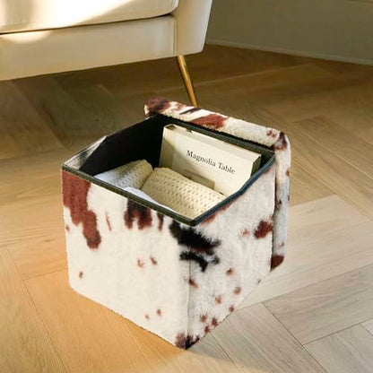 Luxe Faux Fur Storage Ottoman, Cowhide Brown/White, 12 x 12 x 12 in | Engineered Wood, Tool-Free Assembly, Modern Style, Seat And Footrest - color: Cowhide Brown/White, size: 12"D x 12"W x 12"H
