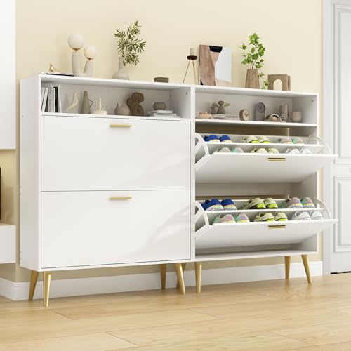 Shoe Cabinet with 2 Flip Drawers, Storage Top & Metal Legs, White, 2PCS丨Hidden Shoe Organizer, Freestanding Narrow Shoe Storage Rack for Entryway, Hallway, Entrance - color: 2pc-white, size: 2 Flip Drawers with Shelf
