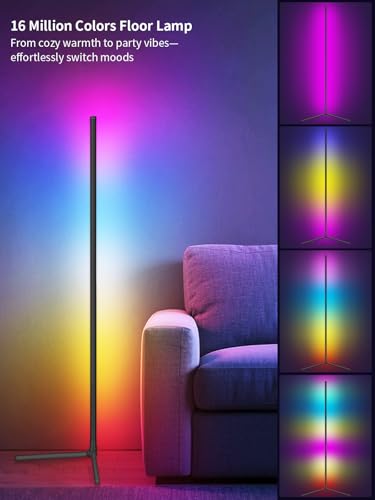 Tyute LED Corner Floor Lamp, 68+ Scenes, 16 Million Colors Corner Light with App & Remote Control, Smart RGB Ambient Lighting with Music Sync, Mood Lighting for Bedroom, Living Room, Gaming Room - color: Black