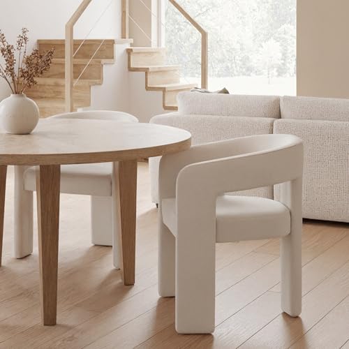 HNY Modern Linen Barrel Single Dining Chair, Ivory | Upholstered Accent Armchair With Wide Seat Elegant Design For Living Room Bedroom Vanity And Small Spaces - color: Ivory Linen