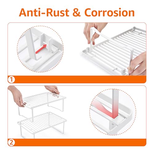 Amazon Basics Space-Saving Stackable Metal Kitchen Cabinet Organizer Shelves for Dishes, Pantry Organization, 12.5" L x 8" D x 4.5" H, Set of 2, White