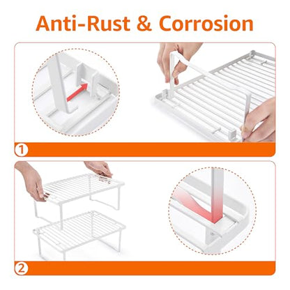 Amazon Basics Space-Saving Stackable Metal Kitchen Cabinet Organizer Shelves for Dishes, Pantry Organization, 12.5" L x 8" D x 4.5" H, Set of 2, White
