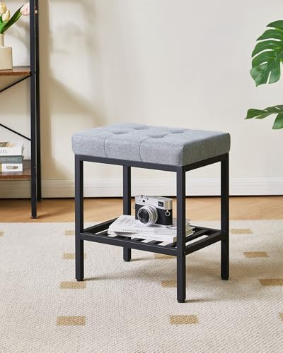 IBUYKE Rectangular Makeup Stool, Linen Seat Vanity Chair, Blue Gray WBD017L | Adjustable Feet Storage Space Footrest Multi-Use Small Side Table Ottoman Bedroom - color: Blue Gray, size: Rectangular